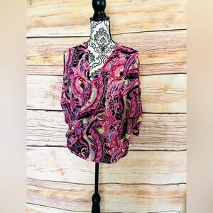 Jennifer Lopez Pink Purple Paisley Boho Faux Wrap Half Sleeve Chiffon Blouse XL
